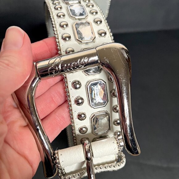 GUESS Studded Leather Belt Size Small White Silver Tone Rhinestone Punk Rock Y2k main image 10